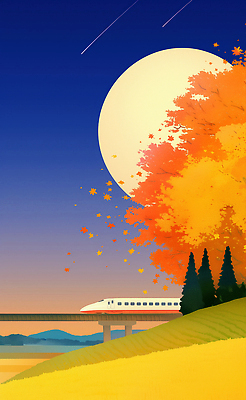 JPG 나무 여행 백그라운드 단풍 일러스트 자연 하늘 조명 풍경 파란색 평화 기차 금색 보름달 가을 언덕 기차역 기차여행 색감 철교 국내일러스트 AI일러스트 AI콘텐츠 식물 계절 육상교통 컬러 컨셉 잎 대중교통 달 다리_건축물 역 생태계 파일형식