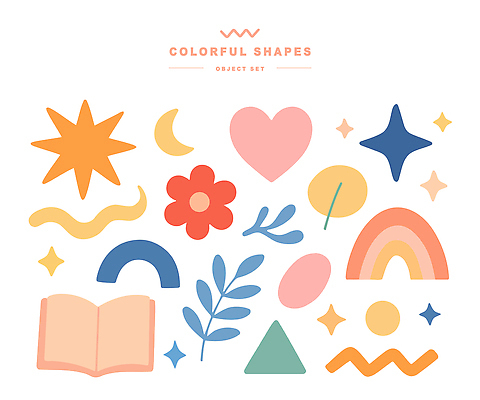 도형 아이콘 디자인 꽃 별 컬러 무지개 패턴 그래픽 달 하트 표현 배열 오브젝트 그림 감성 색채 창의성 2D아이콘 AI파일 자연요소 모양 식물 컨셉 무늬 파일형식 벡터
