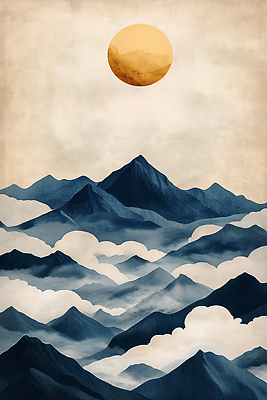 JPG 구름 계절 백그라운드 일러스트 자연 하늘 산 미술 풍경 파란색 태양 평화 추석 일출 고요 일몰 그림 조화 풍경화 국내일러스트 AI일러스트 AI콘텐츠 자연요소 명절 컬러 컨셉 문화예술 노을 생태계 파일형식