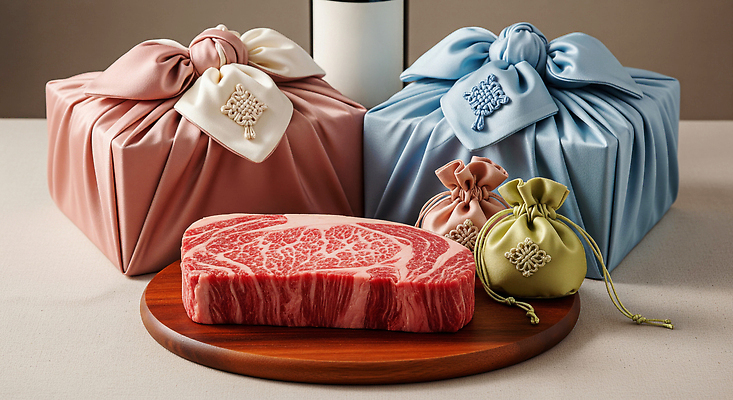 JPG 편집이미지 음식 컬러 포장 육류 선물 요리 추석 식사 축하 보자기 주머니 상차림 실크 나무판자 한우 추석선물 편집실사 AI포토 AI콘텐츠 명절 컨셉 식재료 목재 소고기 직물 CG 파일형식 천_직물 명절선물