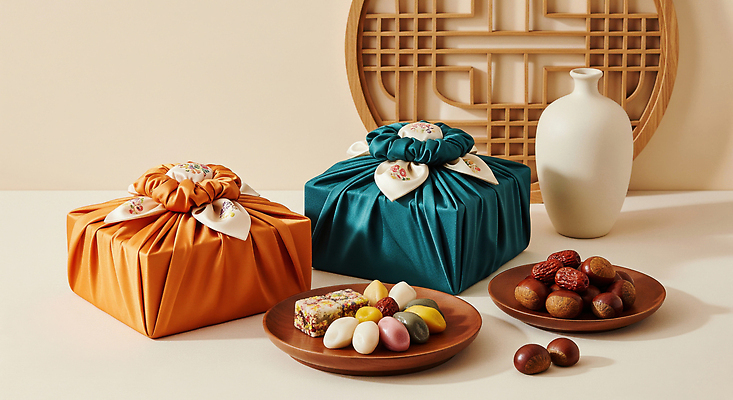 JPG 편집이미지 전통 명절 전통문화 문화 포장 식탁 디저트 한국 선물 이벤트 추석 식사 보자기 우아함 상차림 조화 다과 추석선물 편집실사 AI포토 AI콘텐츠 기념일 아시아 음식 컨셉 탁자 CG 파일형식 천_직물 명절선물