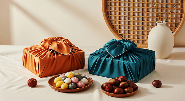 JPG 편집이미지 전통 음식 포장 식탁 디저트 한국 따뜻함 선물 요리 파란색 과자 추석 주황색 다양 보자기 천 색감 추석선물 편집실사 AI포토 AI콘텐츠 명절 아시아 컬러 다수 탁자 직물 CG 파일형식 천_직물 명절선물