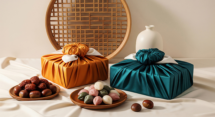 JPG 편집이미지 전통 명절 문화 음식 포장 탁자 디저트 설날 추석 보자기 환대 분위기 고급 고객 준비 색감 추석선물 편집실사 AI포토 AI콘텐츠 기념일 가구 컨셉 선물 CG 파일형식 천_직물 명절선물