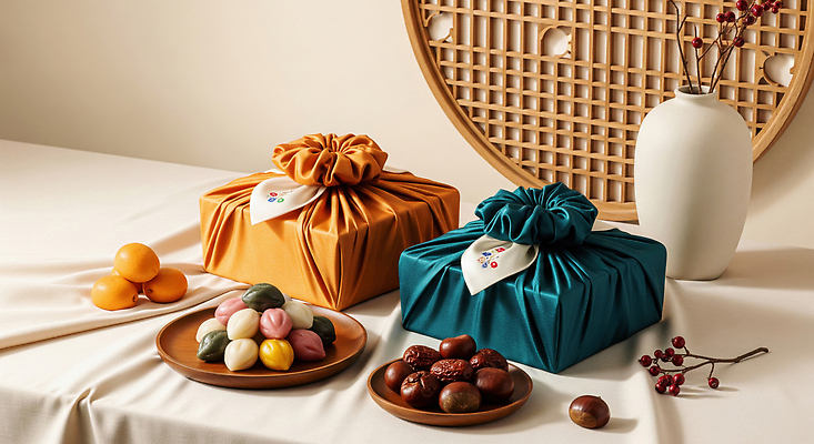 JPG 편집이미지 음식 컬러 재료 포장 탁자 디저트 한국 선물 인테리어 추석 보자기 편안함 준비 전통과자 추석선물 편집실사 AI포토 AI콘텐츠 디자인 명절 아시아 가구 과자 감각 CG 파일형식 천_직물 명절선물