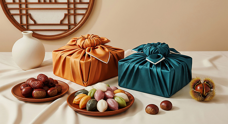 JPG 편집이미지 전통 명절 문화 음식 컬러 포장 한국 선물 풍경 과자 추석 마음 보자기 공예 제사 땅콩 다과 추석선물 편집실사 AI포토 AI콘텐츠 기념일 아시아 디저트 취미 견과류 CG 전통의례 파일형식 천_직물 명절선물