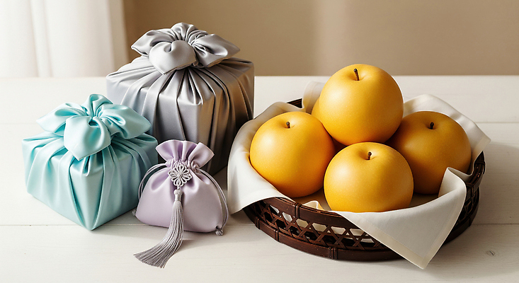 JPG 편집이미지 전통 디자인 과일 포장 조명 한국 선물 바구니 추석 식사 공간 보자기 편안함 즐거움 추석선물 풍요 황금사과 편집실사 AI포토 AI콘텐츠 명절 감정 아시아 컨셉 감각 사과 CG 파일형식 천_직물 명절선물