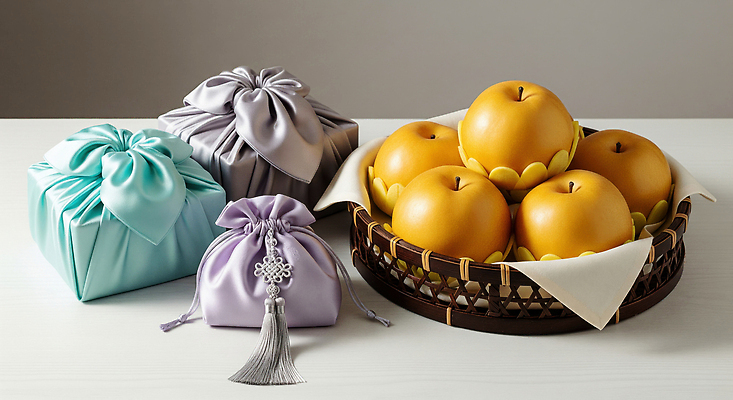 JPG 편집이미지 전통 문화 음식 과일 탁자 한국 이벤트 바구니 추석 보자기 고객 준비 뷰티풀 정성 추석선물 편집실사 AI포토 AI콘텐츠 명절 아시아 가구 선물 CG 파일형식 천_직물 명절선물