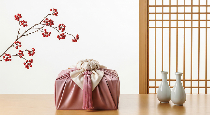 JPG 편집이미지 전통 디자인 문화 음식 상징 분홍색 포장 한국 선물 장식 추석 고요 방 보자기 오브젝트 추석선물 편집실사 AI포토 AI콘텐츠 명절 아시아 컬러 CG 파일형식 천_직물 명절선물