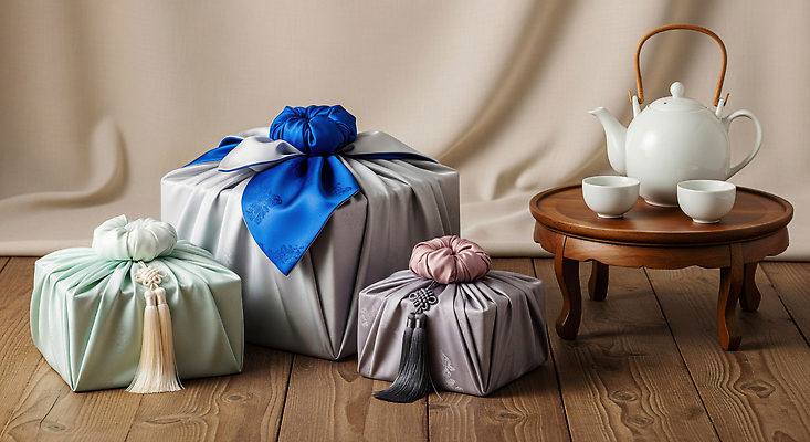 JPG 나무 편집이미지 전통 디자인 문화 예술 컬러 포장 탁자 한국 선물 세트 추석 보자기 차 편안함 다기 추석선물 편집실사 AI포토 AI콘텐츠 식물 명절 아시아 음료 가구 감각 다도 CG 파일형식 천_직물 명절선물