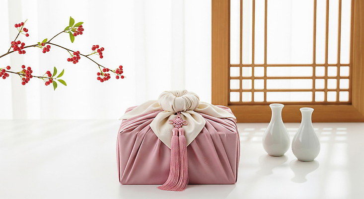 전통 명절 기념일 아시아 무기 컬러 선물 추석 CG 생태계 파일형식 천_직물 명절선물 AI콘텐츠 보자기 한국 분홍색 포장 창 장식 자연 문화 이벤트 오브젝트 JPG 편집이미지 편집실사 추석선물 AI포토