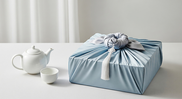 JPG 편집이미지 디자인 하늘색 포장 탁자 조명 선물 컵 세트 추석 보자기 도자기 우아함 차 편안함 다도 찻주전자 추석선물 강조 편집실사 AI포토 AI콘텐츠 식기 명절 음료 가구 컨셉 주전자 파란색 예절 감각 CG 파일형식 천_직물 명절선물