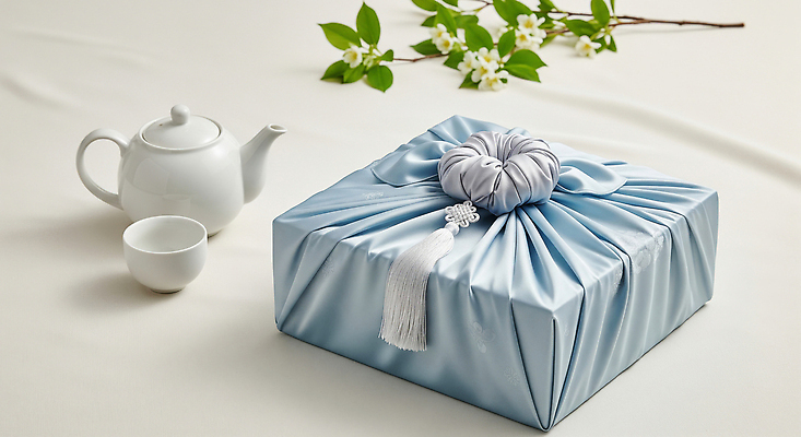 JPG 편집이미지 디자인 꽃 포장 자연 탁자 한국 풍경 파란색 평화 추석 정원 보자기 우아함 차 찻잔 찻주전자 오브젝트 추석선물 편집실사 AI포토 AI콘텐츠 식물 명절 아시아 음료 컬러 가구 컨셉 주전자 잔 선물 CG 생태계 파일형식 천_직물 명절선물