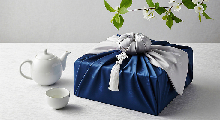 JPG 편집이미지 전통 리본 잎 포장 자연 탁자 한국 선물 파란색 추석 보자기 도자기 우아함 차 은색 뷰티풀 추석선물 편집실사 AI포토 AI콘텐츠 식물 명절 아시아 음료 컬러 가구 컨셉 CG 생태계 파일형식 천_직물 명절선물