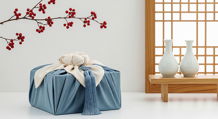 JPG 편집이미지 전통 디자인 리본 포장 자연 한국 선물 장식 파란색 인테리어 추석 보자기 고급 편안함 오브젝트 조화 추석선물 편집실사 AI포토 AI콘텐츠 명절 아시아 컬러 컨셉 감각 CG 생태계 파일형식 천_직물 명절선물