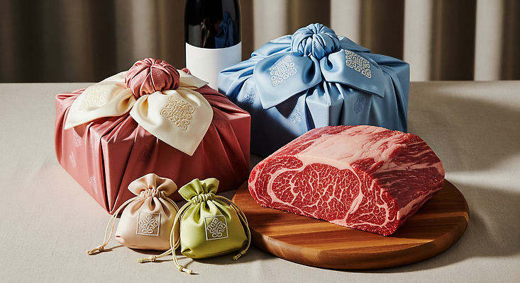 JPG 편집이미지 한식 음식 컬러 조명 선물 이벤트 추석 와인 축하 보자기 상차림 포장지 추석선물 편집실사 AI포토 AI콘텐츠 명절 컨셉 포장 주류 CG 파일형식 천_직물 명절선물