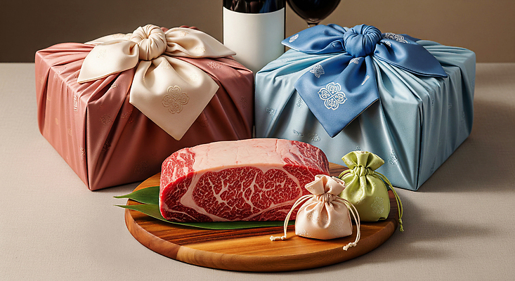 JPG 편집이미지 한국전통 명절 포장 탁자 디저트 육류 선물 요리 추석 와인 식사 보자기 고급 우아함 마블링 정성 추석선물 편집실사 AI포토 AI콘텐츠 전통 기념일 음식 가구 컨셉 식재료 주류 한국 CG 파일형식 천_직물 명절선물