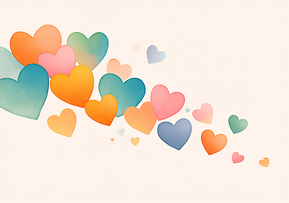 JPG 디자인 감정 예술 컬러 백그라운드 일러스트 따뜻함 사랑 그래픽 전시 다양 하트 표현 감각 분위기 크기 부드러움 조화 창의성 국내일러스트 AI일러스트 AI콘텐츠 모양 다수 컨셉 파일형식