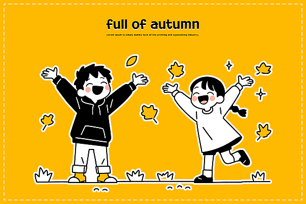 행복 어린이 포즈 백그라운드 일러스트 모션 자연 놀이 나뭇잎 미소 웃음 친구 소풍 노란색 가을풍경 가을 즐거움 외출 순간 국내일러스트 AI파일 계절 감정 컬러 잎 관계 표정 사람 풍경 야외활동 생태계 파일형식 벡터 가을_계절