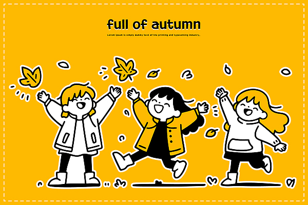 행복 어린이 컬러 백그라운드 일러스트 모션 자연 놀이 나뭇잎 웃음 친구 노란색 가을풍경 가을 즐거움 국내일러스트 AI파일 계절 감정 잎 관계 표정 사람 풍경 생태계 파일형식 벡터 가을_계절