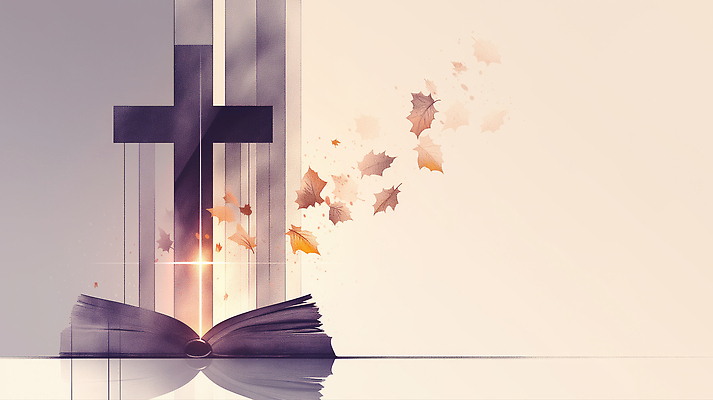 JPG 기독교 종교 상징 십자가 일러스트 자연 나뭇잎 책 빛 평화 고요 자유 가을 기도 영혼 감사 조화 뷰티풀 상상력 영감 국내일러스트 AI일러스트 AI콘텐츠 계절 감정 컨셉 잎 생태계 파일형식