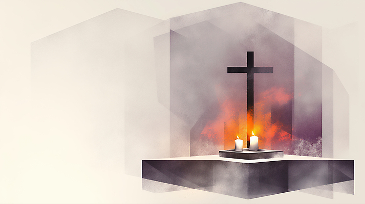 JPG 디자인 기독교 종교 예술 상징 십자가 일러스트 촛불 조명 교회 평화 희망 고요 기도 의식 분위기 예배 국내일러스트 AI일러스트 AI콘텐츠 감정 컨셉 초 종교건축 건물 파일형식