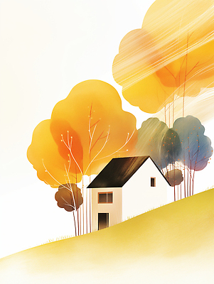 JPG 나무 디자인 여유 백그라운드 일러스트 자연 주택 따뜻함 풍경 평화 가을 농촌 작음 언덕 감성 조화 뷰티풀 색감 풍요 국내일러스트 AI일러스트 AI콘텐츠 식물 계절 감정 컨셉 건물 시골 크기 생태계 파일형식