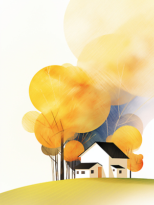 JPG 나무 단풍 일러스트 자연 주택 한국 따뜻함 풍경 노란색 평화 가을 시골 그림 감성 조화 단순화된 색감 풍경화 풍요 국내일러스트 AI일러스트 AI콘텐츠 식물 계절 아시아 컬러 컨셉 잎 건물 생태계 파일형식