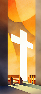 JPG 종교 문화 예술 컬러 십자가 일러스트 하늘 조명 따뜻함 내부 교회 믿음 고요 공간 기도 예배 장면 신성 설교 국내일러스트 AI일러스트 AI콘텐츠 감정 종교건축 건물 파일형식