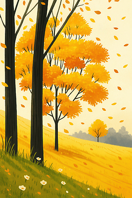 JPG 나무 식물 컬러 백그라운드 일러스트 자연 바람 나뭇잎 풍경 초원 갈색 노란색 평화 가을 떨어짐 숲 장면 조화 비율 뷰티풀 국내일러스트 AI일러스트 AI콘텐츠 자연요소 계절 컨셉 잎 날씨 생태계 파일형식