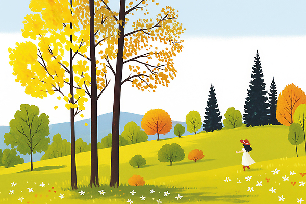 JPG 나무 계절 꽃 행복 컬러 일러스트 자연 하늘 나뭇잎 풍경 소녀 잔디 초원 일상 노란색 걷기 환경 주황색 가을 숲 풍경화 국내일러스트 AI일러스트 AI콘텐츠 식물 여자 감정 어린이 잎 모션 라이프 그림 생태계 파일형식