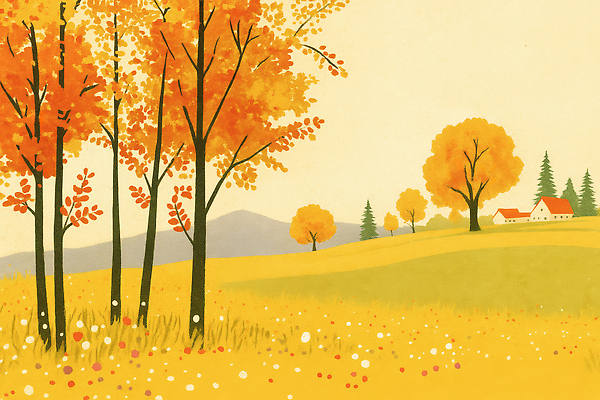 JPG 모양 나무 컬러 일러스트 자연 하늘 산 주택 풍경 초원 노란색 평화 주황색 가을 농촌 뷰티풀 색채 풍경화 국내일러스트 AI일러스트 AI콘텐츠 식물 계절 컨셉 건물 시골 그림 생태계 파일형식