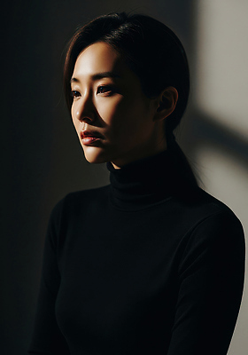 JPG 편집이미지 여자 조명 검은색 매력적 우아함 터틀넥 집중 묘사 그림 초상화 뷰티풀 의료성형뷰티 스타일 세련 편집실사 AI포토 AI인물포토 AI콘텐츠 컬러 컨셉 사람 스웨터 CG 파일형식