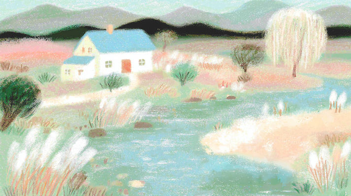 JPG 나무 계절 꽃 예술 일러스트 자연 주택 풍경 강 평화 고요 명상 그림 시골집 지역 조화 색감 국내일러스트 AI일러스트 AI콘텐츠 식물 컨셉 건물 생태계 파일형식