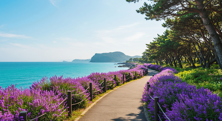 JPG 나무 편집이미지 여유 바다 여행 자연 하늘 날씨 풍경 해변 제주도 평화 산책 산책로 맥문동 편집실사 AI포토 AI콘텐츠 식물 감정 길 컨셉 휴식 한국 CG 생태계 파일형식