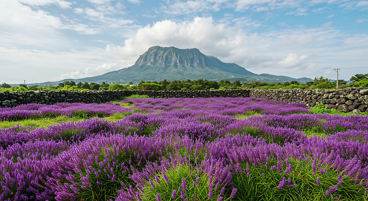 JPG 식물 편집이미지 꽃 여행 꽃밭 자연 풍경 야외 여름 제주도 농장 고요 라벤더 한라산 맥문동 뷰티풀 편집실사 AI포토 AI콘텐츠 계절 농업 산 한국 허브 CG 생태계 파일형식