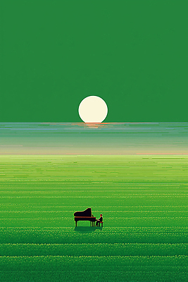 JPG 감정 여유 예술 음악 연주 일러스트 자연 하늘 사람 풍경 초원 초록색 햇빛 평화 노을 소리 감상 분위기 피아노 저녁 국내일러스트 AI일러스트 AI콘텐츠 자연요소 컬러 컨셉 문화예술 태양 건반악기 야간 생태계 파일형식