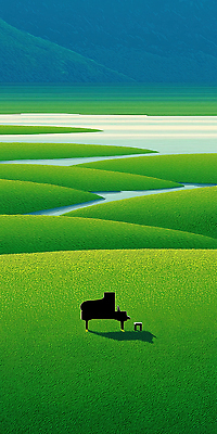 JPG 구름 물결 예술 음악 의자 일러스트 자연 미술 풍경 초록색 피아노 편안함 언덕 멀리 조화 위로 상상력 창의성 평원 국내일러스트 AI일러스트 AI콘텐츠 자연요소 컬러 가구 문화예술 감각 건반악기 생태계 파일형식