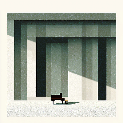 JPG 디자인 음악 일러스트 조명 실내 그림자 빛 고요 회색 흰색 기둥 구출 피아노 모던 조화 창의성 국내일러스트 AI일러스트 AI콘텐츠 건축 컬러 문화예술 내부 도움 건반악기 파일형식