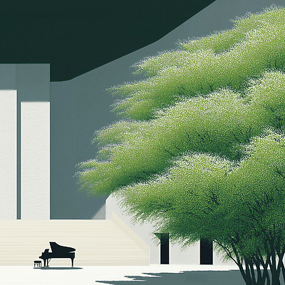 JPG 나무 감정 여유 예술 음악 연주 일러스트 자연 풍경 초록색 평화 정원 고요 공간 신선 분위기 피아노 그림 사색 조화 국내일러스트 AI일러스트 AI콘텐츠 식물 컬러 컨셉 생각 문화예술 건반악기 생태계 파일형식