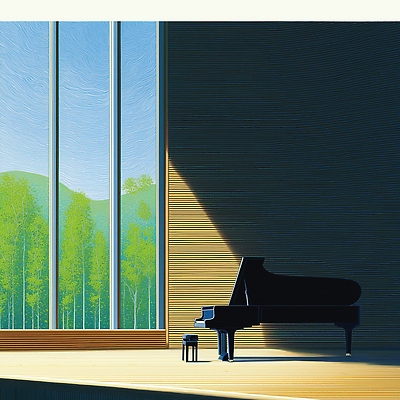 JPG 나무 디자인 감정 음악 컬러 일러스트 자연 조명 산 실내 풍경 햇빛 공간 피아노 창가 모던 조화 국내일러스트 AI일러스트 AI콘텐츠 식물 창문 문화예술 내부 태양 건반악기 생태계 파일형식