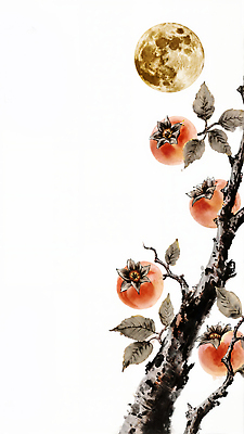 JPG 나무 식물 전통 계절 열매 잎 과일 일러스트 자연 가지 한국 감 미술 풍경 주황색 고요 금색 수확 보름달 가을 감나무 국내일러스트 AI일러스트 AI콘텐츠 아시아 컬러 농업 채소 문화예술 달 생태계 파일형식