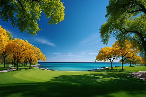 JPG 나무 편집이미지 공원 바다 자연 하늘 휴식 풍경 해변 여름 파란색 햇빛 노란색 산책로 뷰티풀 이미지편집 AI컴퓨터그래픽 AI콘텐츠 식물 계절 공공시설 길 컬러 컨셉 태양 생태계 파일형식