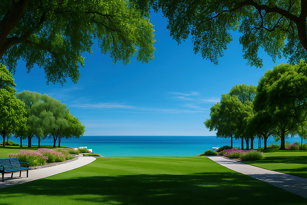 JPG 나무 편집이미지 호수 모션 자연 휴가 휴식 풍경 잔디 여름 햇빛 평화 정원 산책로 이미지편집 AI컴퓨터그래픽 AI콘텐츠 식물 계절 길 컨셉 태양 생태계 파일형식