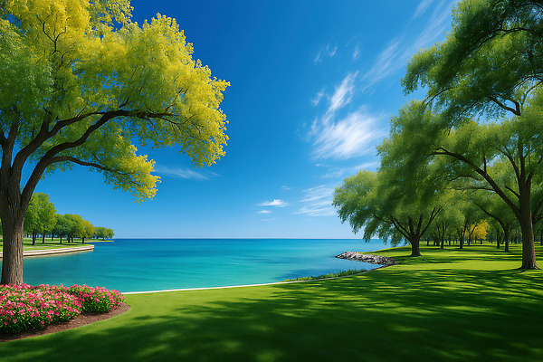 JPG 나무 편집이미지 공원 꽃 호수 모션 자연 하늘 휴식 풍경 여름 태양 산책 조화 차분 이미지편집 AI컴퓨터그래픽 AI콘텐츠 자연요소 식물 계절 공공시설 컨셉 생태계 파일형식