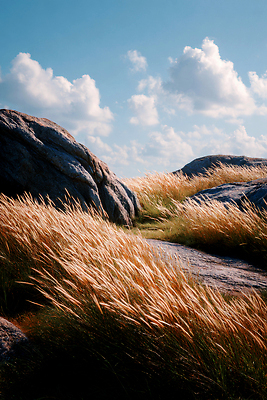 JPG 편집이미지 여유 여행 자연 바람 갈대 풍경 초원 여름 햇빛 바위 접착풀 편집실사 AI포토 AI콘텐츠 자연요소 식물 계절 감정 날씨 문구용품 태양 돌_바위 풀_접착제 CG 생태계 파일형식