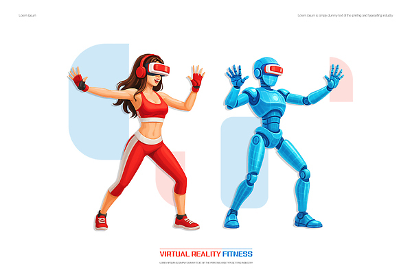 PSD 여자 스포츠 포즈 일러스트 미래 기술 건강 운동 헬스 스트레칭 감독 로봇 연습 체육관 혁명 운동기계 웨어러블 가상현실 기획사 국내일러스트 직업 컨셉 회사 사람 파일형식