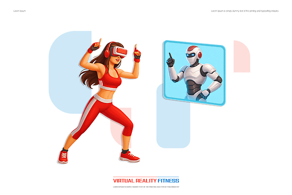 PSD 웰빙 여자 스포츠 다이어트 일러스트 기술 건강 운동 헬스 헤드셋 헬스장 에너지 로봇 연습 체육관 온라인 혁명 가상현실 오프라인 국내일러스트 음향기기 컨셉 사람 헤드폰 파일형식