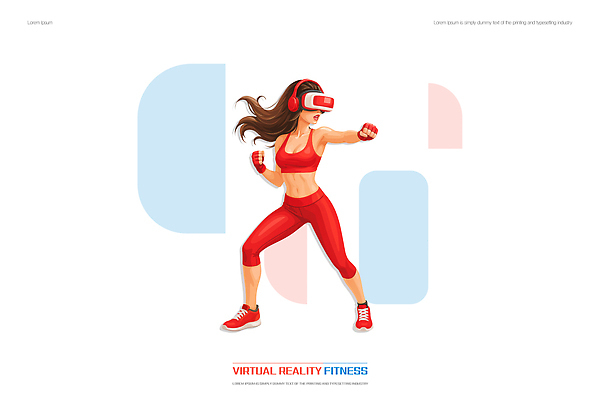 PSD 옷 여자 스포츠 일러스트 모션 기술 건강 손짓 빨간색 운동복 운동 헬스 헤드셋 주먹 에너지 연습 가상현실 국내일러스트 컬러 음향기기 사람 헤드폰 파일형식