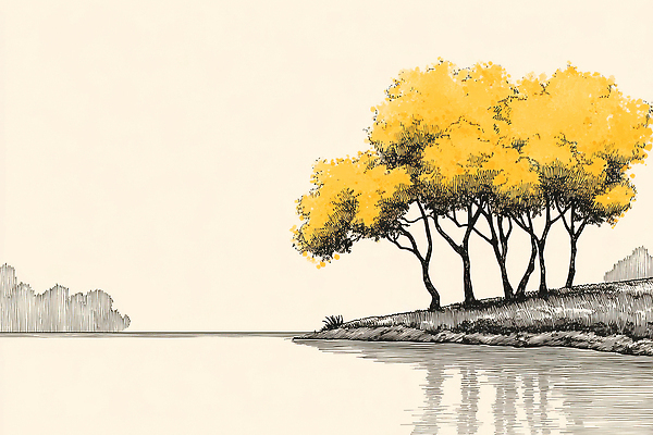 JPG 나무 식물 호수 단풍 일러스트 자연 나뭇잎 수채화 미술 풍경 그래픽 노란색 평화 고요 가을 저수지 수면 조경 국내일러스트 AI일러스트 AI콘텐츠 계절 컬러 컨셉 잎 문화예술 물 생태계 파일형식