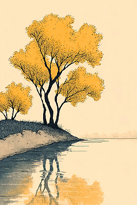 JPG 나무 여유 단풍 일러스트 자연 하늘 바람 휴식 풍경 반짝임 강 반사 노란색 고요 가을 수면 강가 땅 조용 옆면 국내일러스트 AI일러스트 AI콘텐츠 자연요소 식물 계절 감정 컬러 컨셉 잎 모션 날씨 물 생태계 파일형식